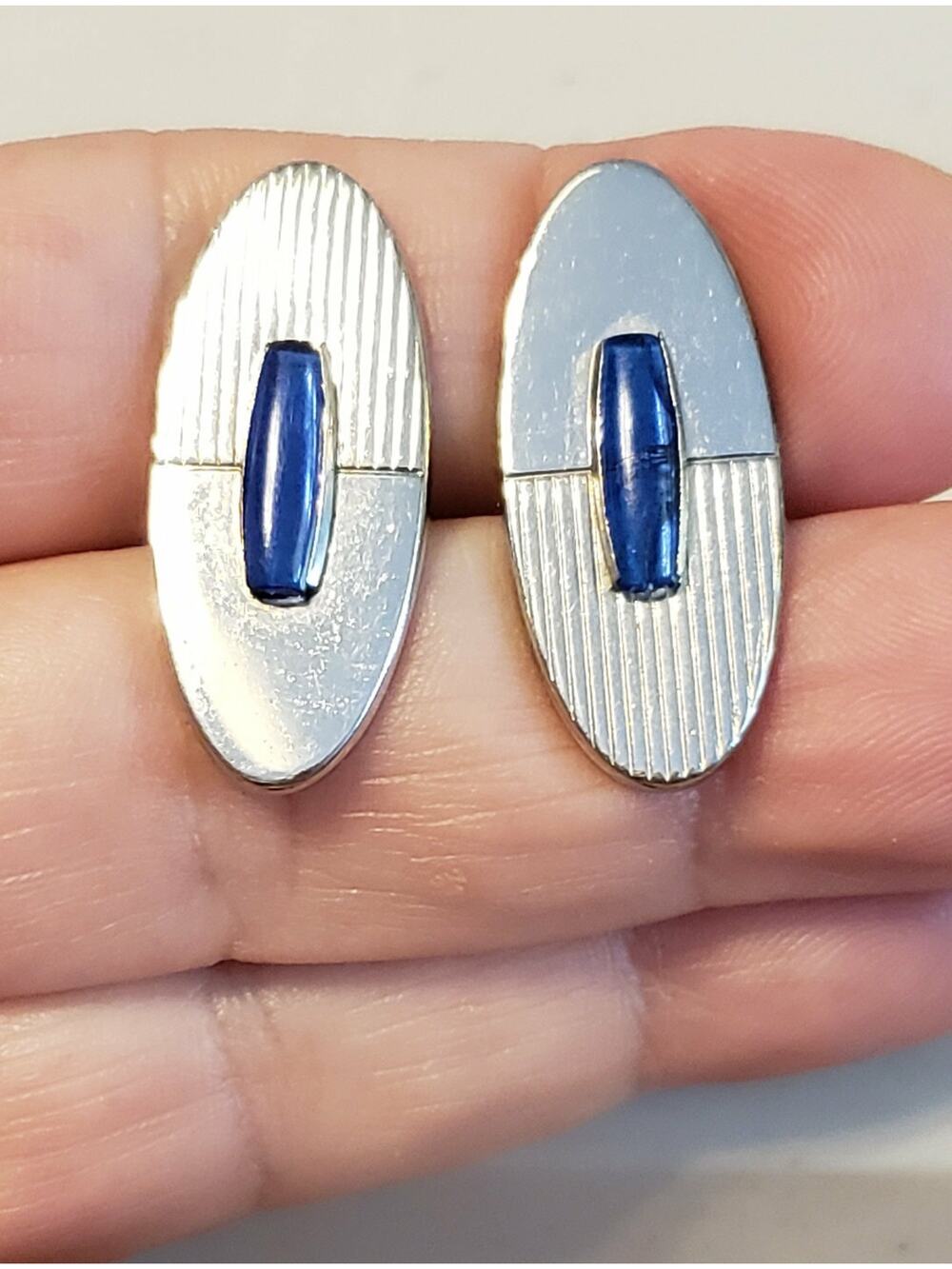 Vintage Silver Blue Cufflinks Anson Brushed Lucite 1970s Oval cl-